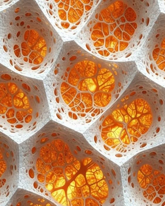 A white cellular wall lit from behind, every cell burning orange